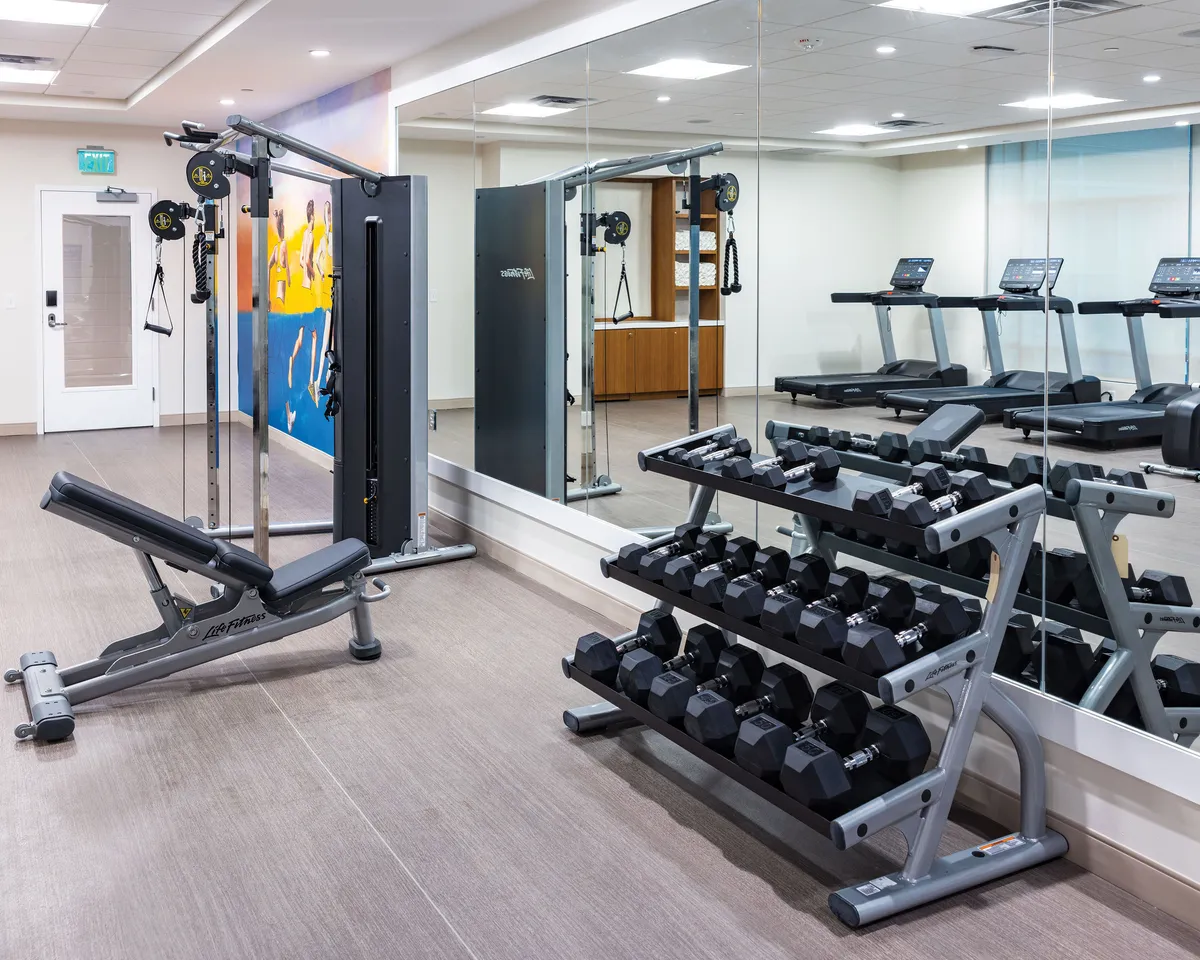 A bright, modern fitness center featuring a variety of equipment including multi-gym machines, a dumbbell rack, treadmills, and large mirrors. The space feels motivational and inviting, designed to support both solo workouts and group fitness classes.